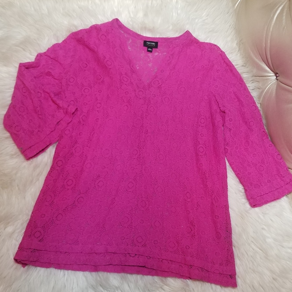 Nicole Miller Pink Floral Lace 3/4 Sleeve top Lg